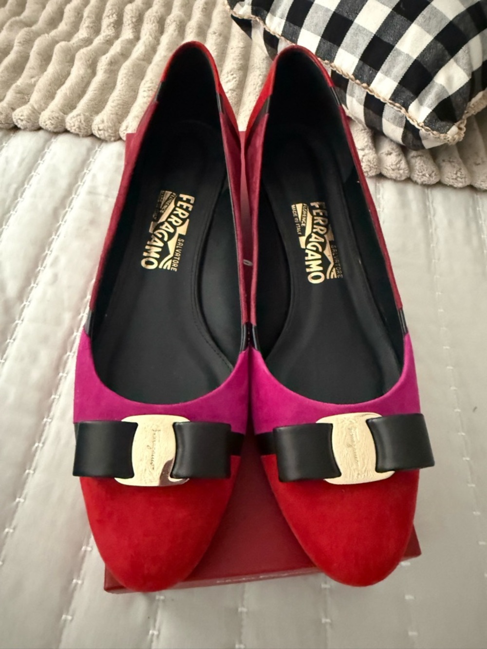 Salvatore Ferragamo Red & Pink Vara Bow Suede Ballet Flats